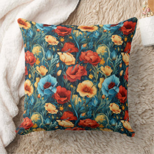 Fin Gult Red Blåa blommor Botanical Print Kudde