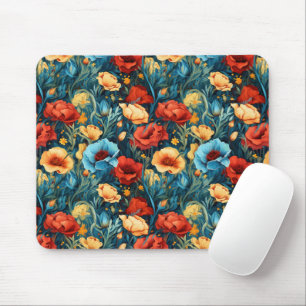 Fin Gult Red Blåa blommor Botanical Print Musmatta