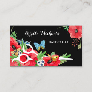 Fin Hairstylist Red Poppy-Blommigt med sax Visitkort