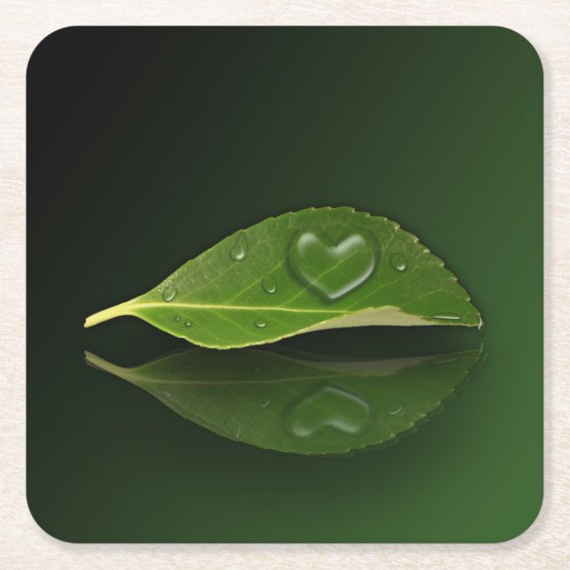 Fin hjärtsformad droplet Vatten på Löv Underlägg Papper Kvadrat (Framsidan)