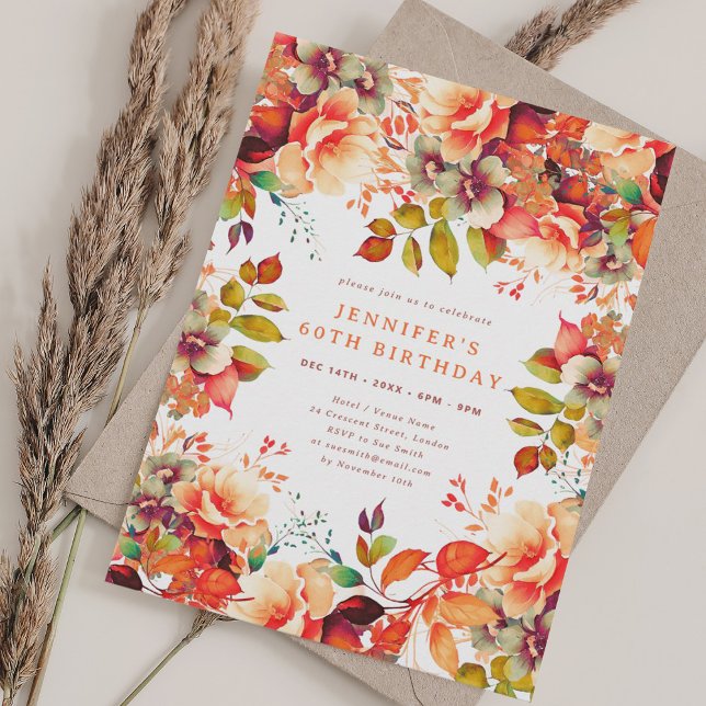 Fin höstfärgad Blommigt för höstfärg 60 födelsedag Inbjudningar (Lovely Fall Autumn Watercolor Floral 60 Birthday Invitation)