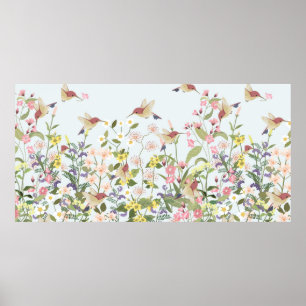 Fin hummingbird i sötad blommigt blomgarde poster