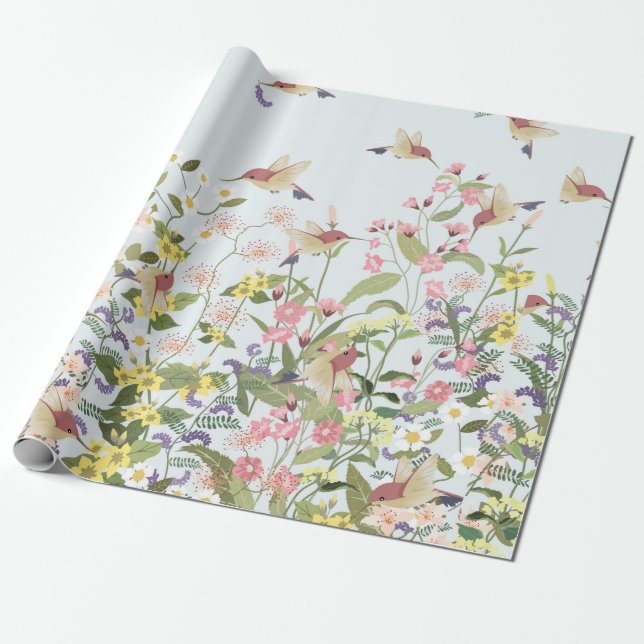 Fin hummingbird i sötad blommigt blomgarde presentpapper (Utrullad)