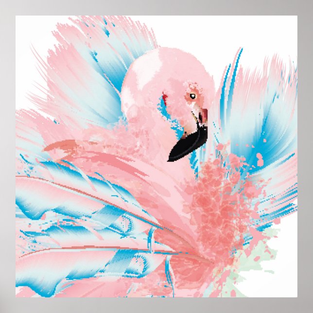 Fin illustration med ritad rosa flamingo och poster (Framsidan)