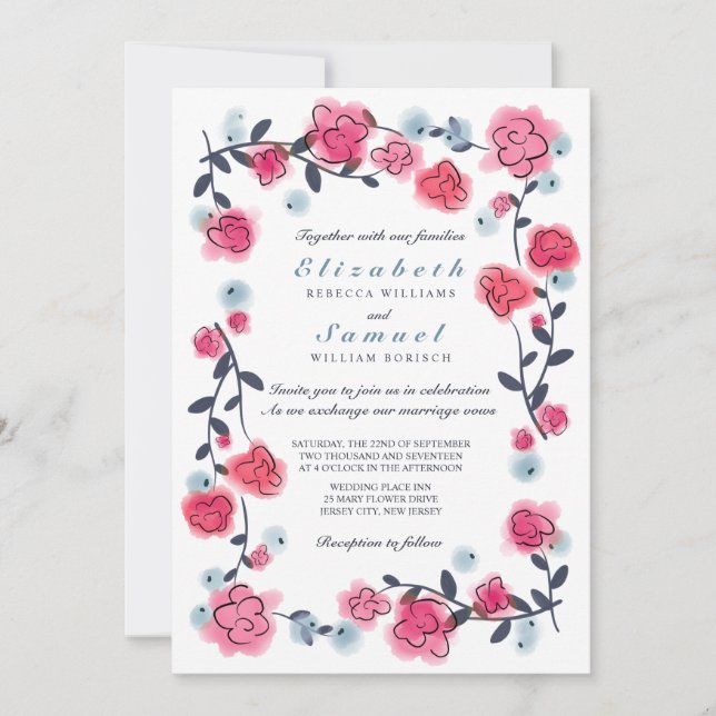 Fin inbjudan till Rosa ros Watercolor Wedding (Framsida)