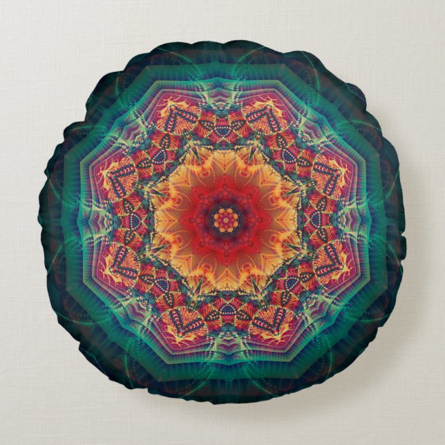 Fin kaleidoskop, flerfärgad blomma mönster rund kudde (Framsidan)