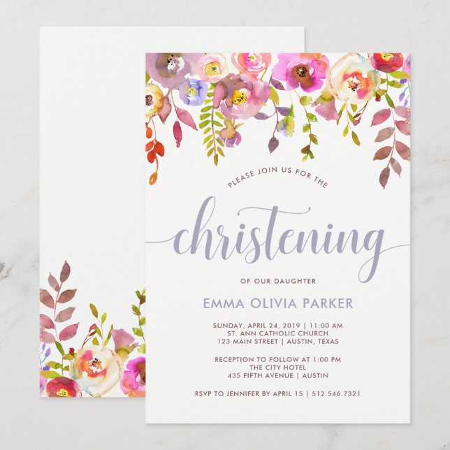 Fin, känslig Blommigt | Christening-inbjudan Inbjudningar (Fram/baksida)