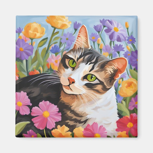 Fin katt med blommor magnet (Framsidan)