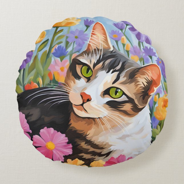 Fin katt med blommor rund kudde (Framsidan)