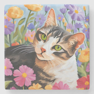 Fin katt med blommor stenunderlägg