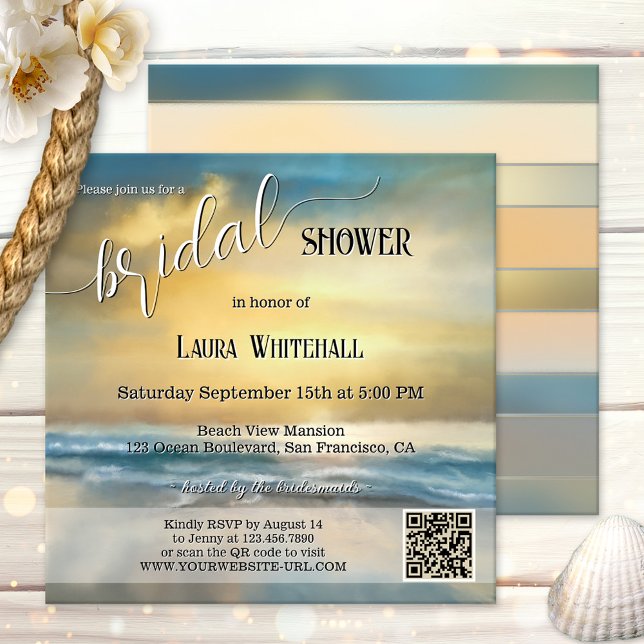 Fin konst Stormig Strand Bröllopsdusch Inbjudningar (Bridal shower invitation featuring an original fine art painting of a sunset on a stormy beach.)