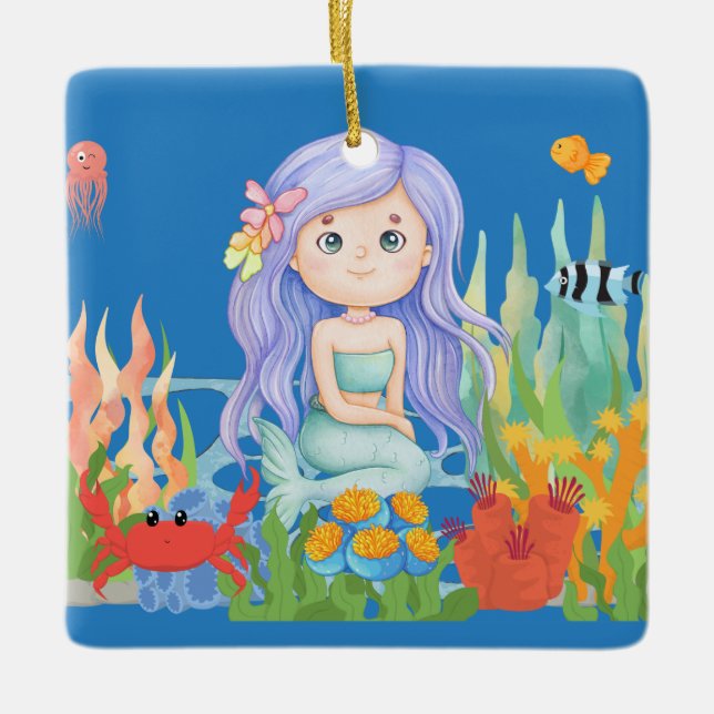 Fin LILA HAIR-sjöjungfru som leker i havet Julgransprydnad Keramik (Framsida)