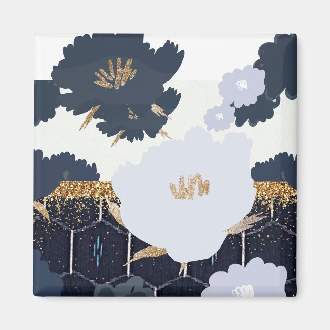 Fin marin blå och Guld Blommigt design Magnet (Framsidan)