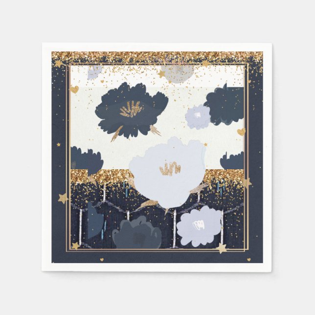 Fin marin blå och Guld Blommigt design Pappersservett (Framsidan)
