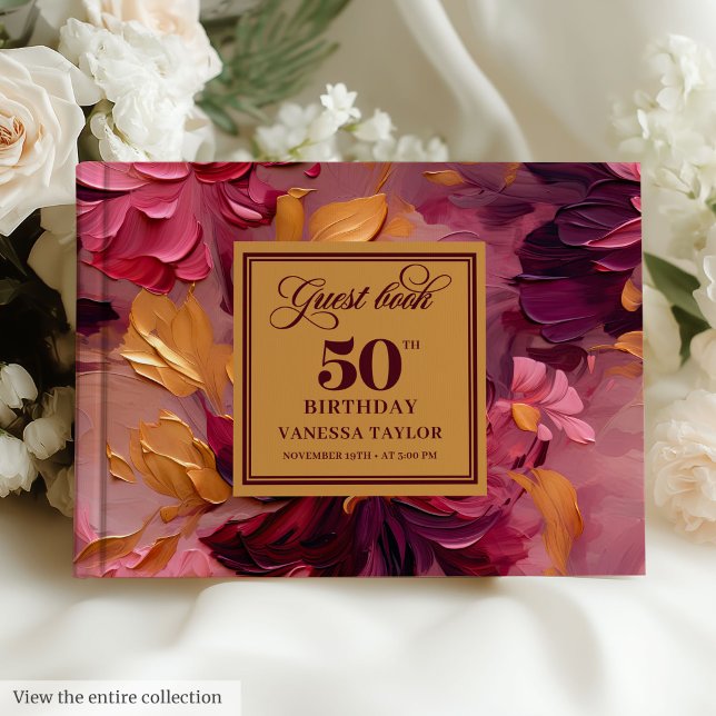 Fin Mörk Red  Guld Blommigt 50:e födelsedagen Gästböcker (Lovely Dark Red Blush Gold Floral 50th Birthday Guest Book)