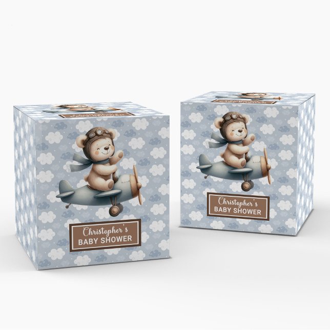 Fin Nalle Pilot Blue Baby Favoritbox Presentaskar (Lovely Teddy Bear Pilot Blue Baby Favor Box)