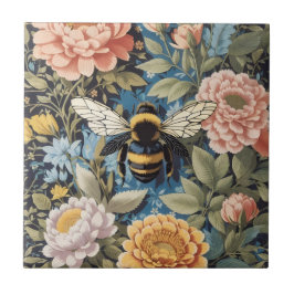 Fin Pastel-Blommigt och Bumblebee Kakelplatta