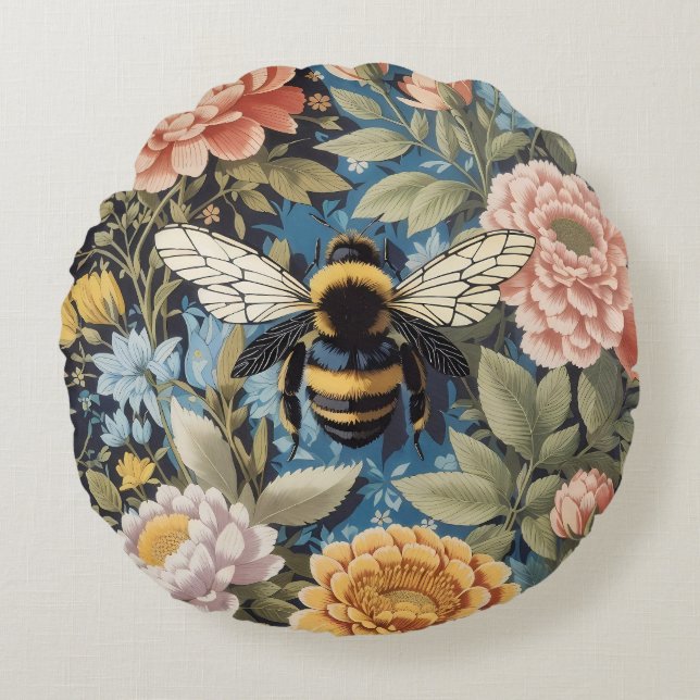 Fin Pastel-Blommigt och Bumblebee Rund Kudde (Framsidan)