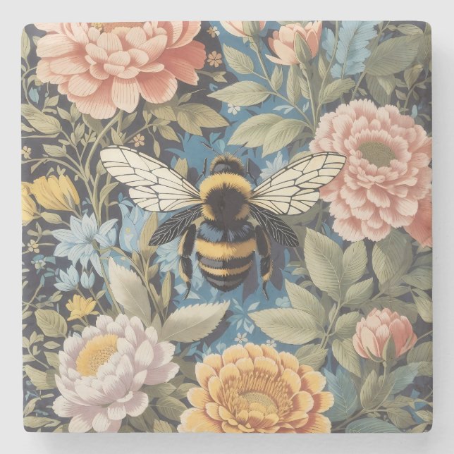 Fin Pastel-Blommigt och Bumblebee Stenunderlägg (Framsidan)