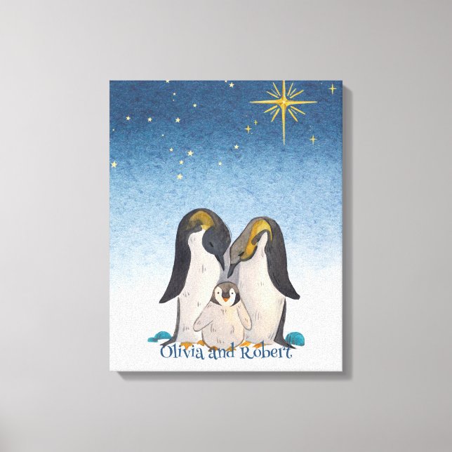 Fin Penguin Family Watercolor Canvastryck (Framsida)