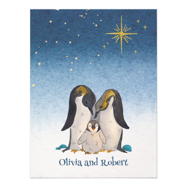 Fin Penguin Family Watercolor Photo Print Fototryck (Framsidan)
