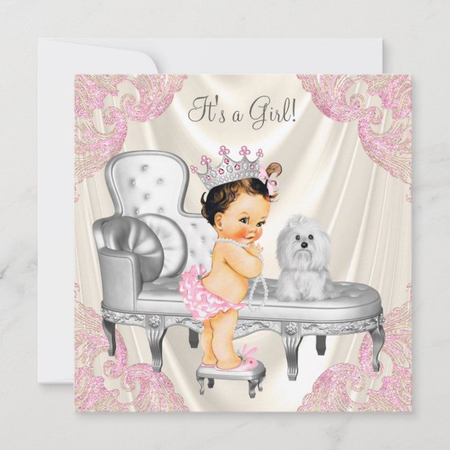 Fin prinsessa baby shower elfenbensrosa stol inbjudningar (Framsida)