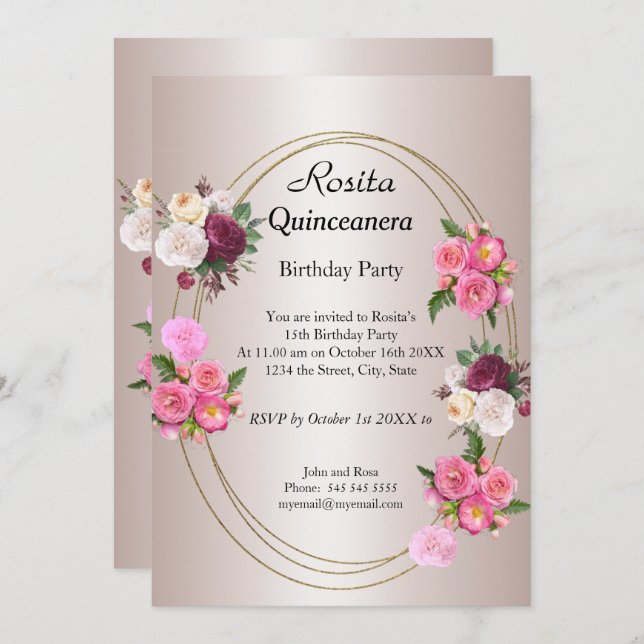 Fin Quinceanera Ljus rosa födelsedagsfest Inbjudningar (Fram/baksida)