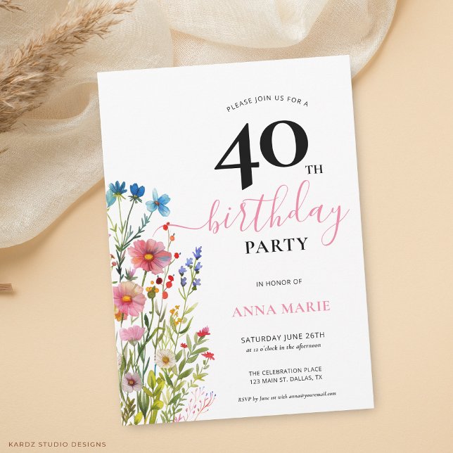 Fin Rosa 40-års Födelsedagsfest Blommig Inbjudningar (The front of the invitation is shown at a 5x7-inch size. Choose size, paper, + corner style.)