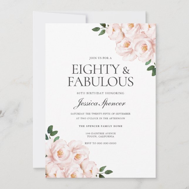 Fin  Rosa Elegant 80:e födelsedagen Inbjudningar (Framsida)