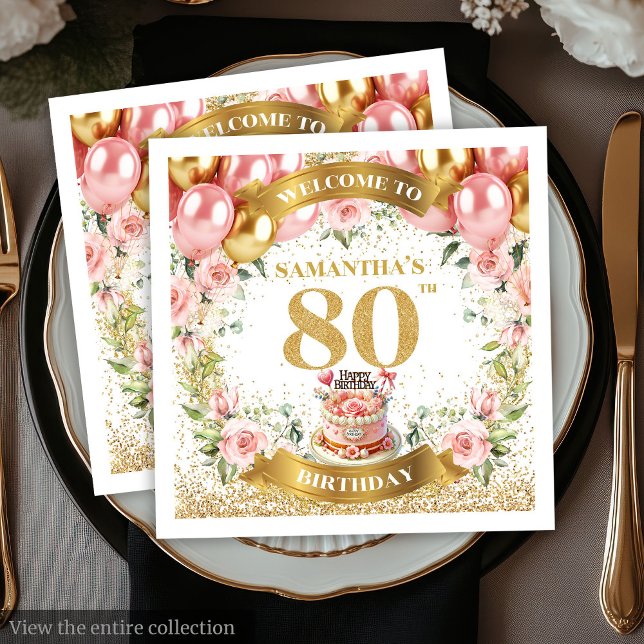 Fin Rosa Guld 80:e födelsedag Pappra Party Napkins Pappersservett (Lovely Pink Gold 80th Birthday Paper Party Napkins)
