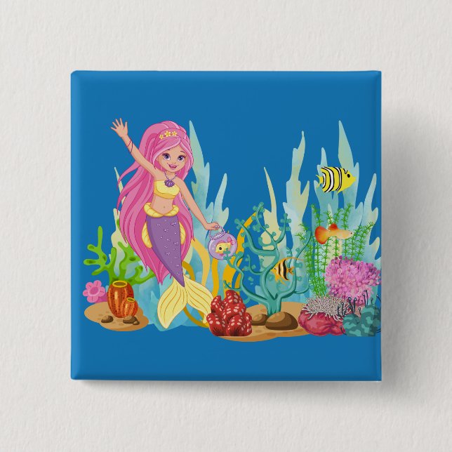 Fin ROSA HAIR-sjöjungfru som leker i havet Knapp (Framsida)