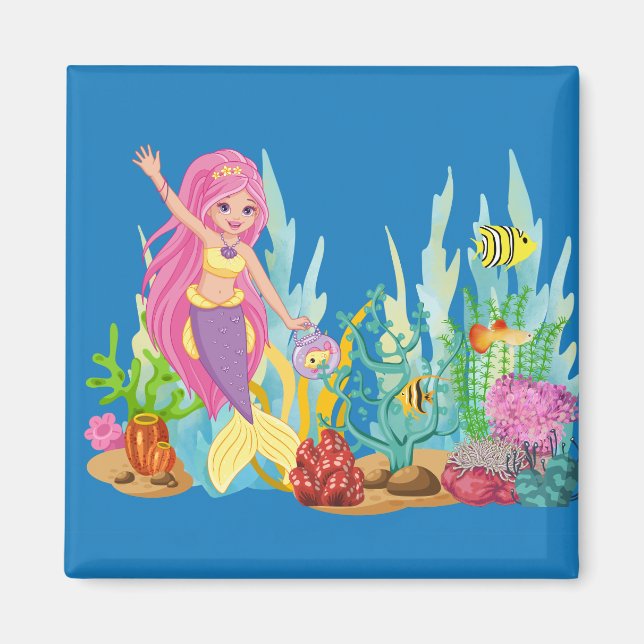 Fin ROSA HAIR-sjöjungfru som leker i havet Magnet (Framsidan)