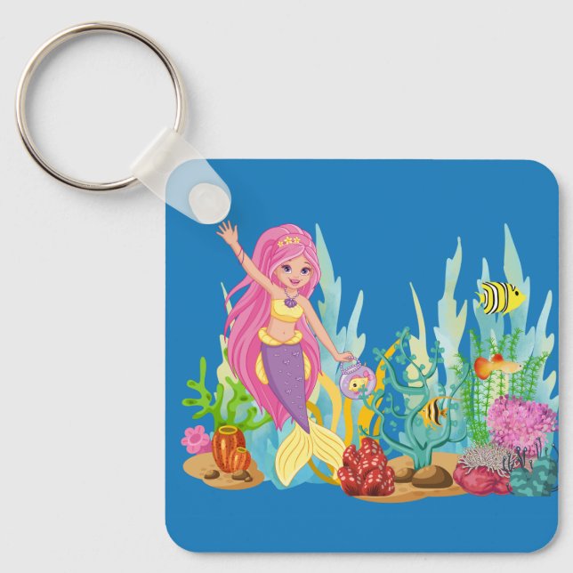 Fin ROSA HAIR-sjöjungfru som leker i havet Nyckelring (Framsida)