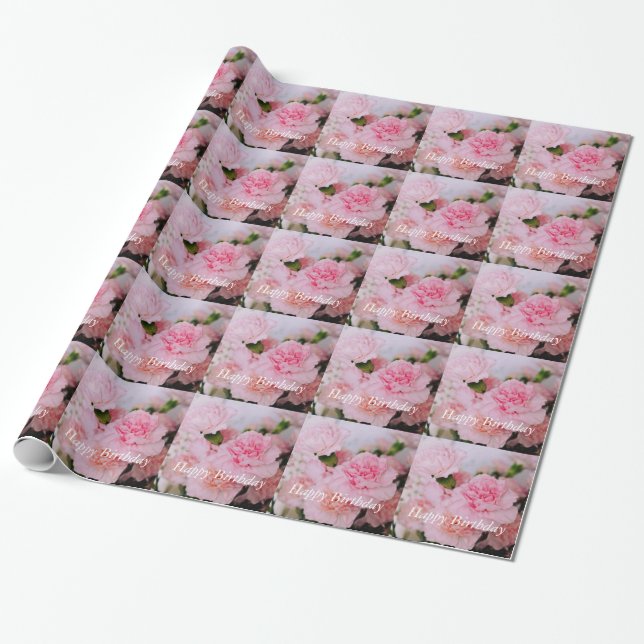 Fin rosa-nejlikblommor grattis på födelsedagen presentpapper (Utrullad)