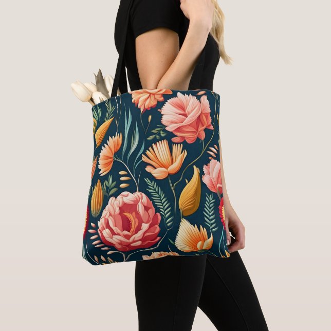 Fin Rosa, Orange och Röda blomman Mönster Tygkasse (Närbild)