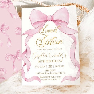 Fin Rosa Ribbon Bows Sweet 16 Birthday Inbjudningar