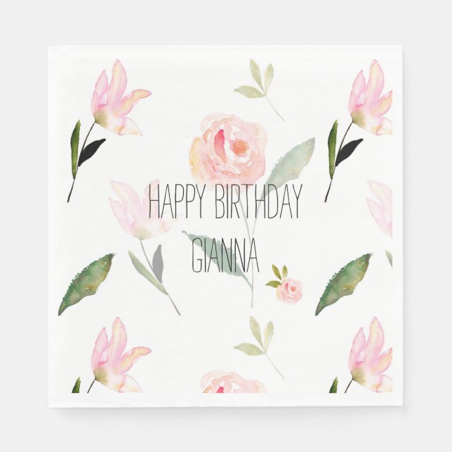 Fin Rosa Watercolor-Blommigt Pappersservett (Framsidan)