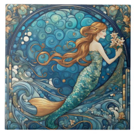 Fin Sjöjungfru Art nouveau Art Deco Stil Blue Kakelplatta