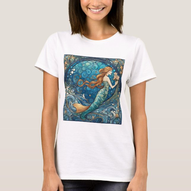 Fin Sjöjungfru Art nouveau Art Deco Stil Blue T Shirt (Framsida)