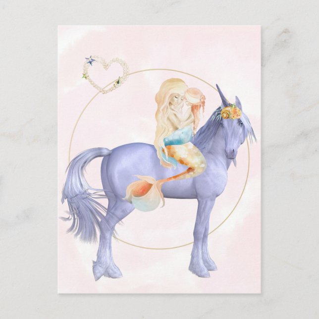 Fin Sjöjungfru med Baby Child Unicorn Vykort (Framsida)