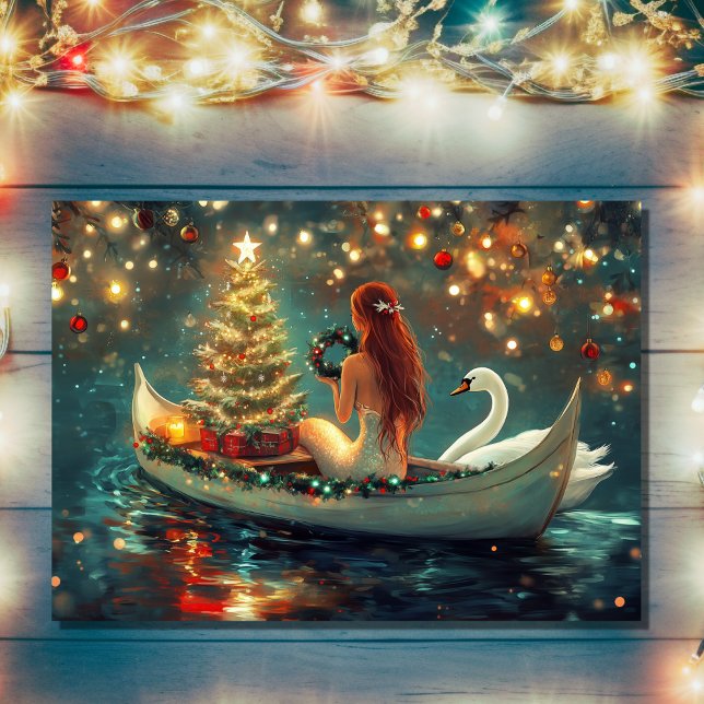 Fin Sjöjungfru med Svan jul Helgkort (Front - Beautiful Mermaid with Swan Christmas Holiday Card)