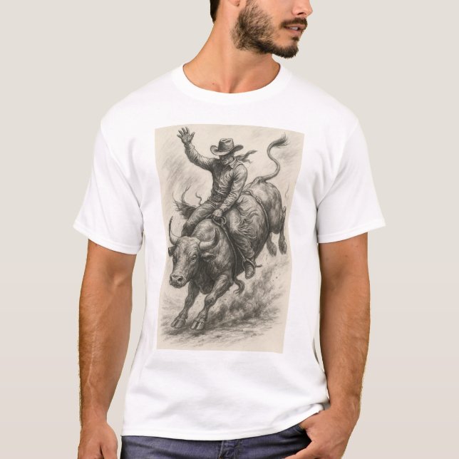 Fin sketch konst av Cowboy som rider en tjur T Shirt (Framsida)