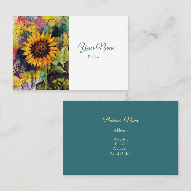 Fin solros i vattenfärg visitkort (Fram/baksida)