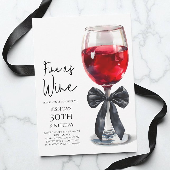 Fin som vin Elegant svart slinga 30-årsfest Inbjudningar (Fine as Wine Elegant Black Bow 30th Birthday Party Invitation)