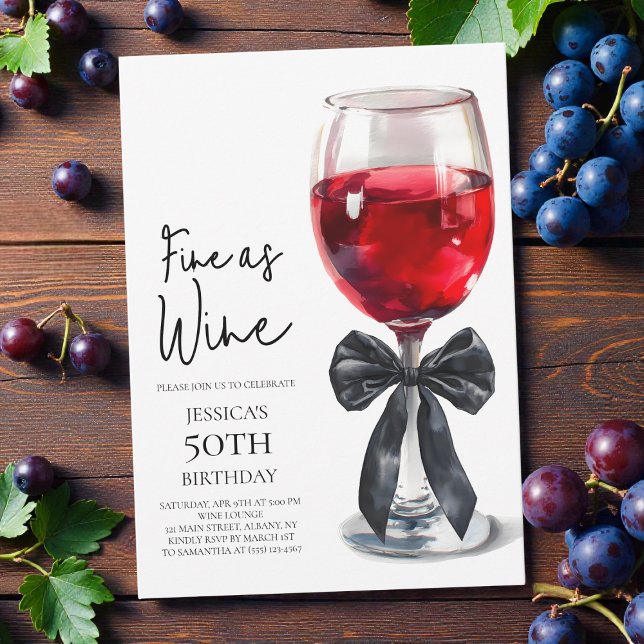 Fin som vin Elegant svart slinga 50-årsfest Inbjudningar (Fine as Wine Elegant Black Bow 50th Birthday Party Invitation)