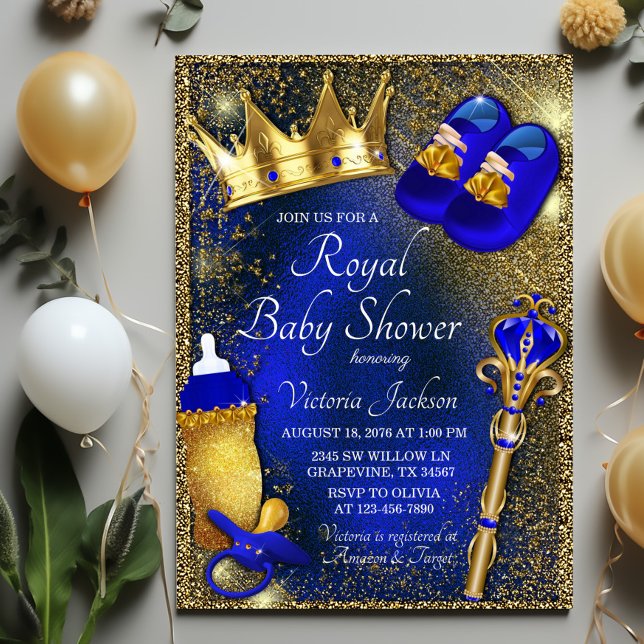 Fin sultanblå prins baby shower  inbjudningar (Royal blue gold prince baby shower with royal baby things on beautiful royal blue gold background.)