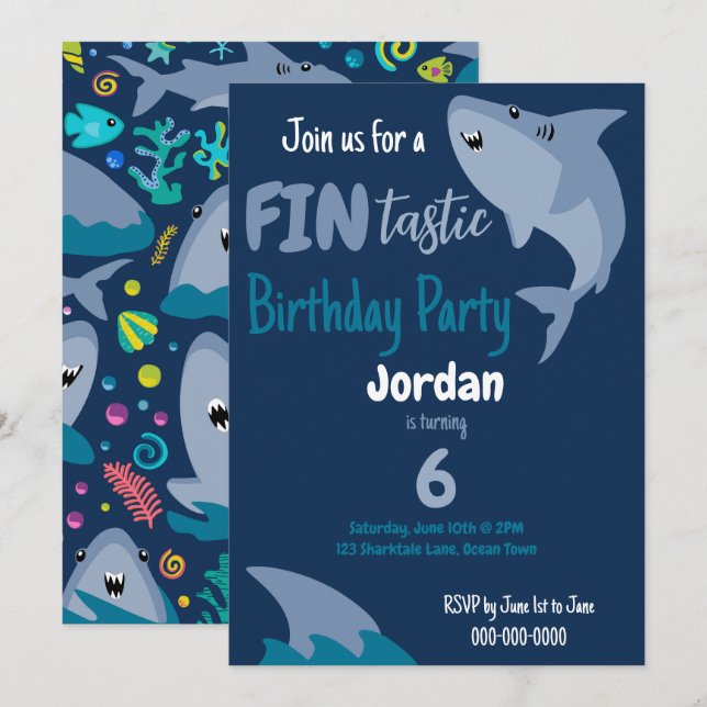 Fin-tastisk Födelsedagsfest av hajbarn under havet Inbjudningar (Fram/baksida)