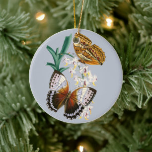 Fin Vintage Blommigt Butterfly Illustration Julgransprydnad Keramik