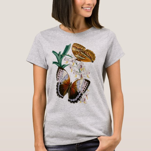 Fin Vintage Blommigt Butterfly Illustration T Shirt (Framsida)