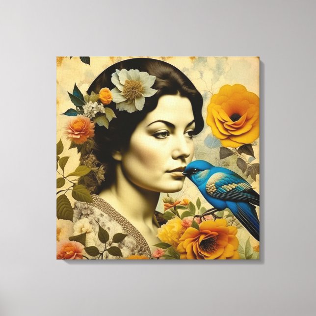 Fin Vintage Woman i Flowers Canvastryck (Framsida)